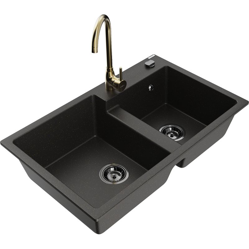 Zlewozmywak granitowy 2-komorowy Mexen Tomas z baterią kuchenną Telma czarny/złoty metalik 6516-75-670200-50-B