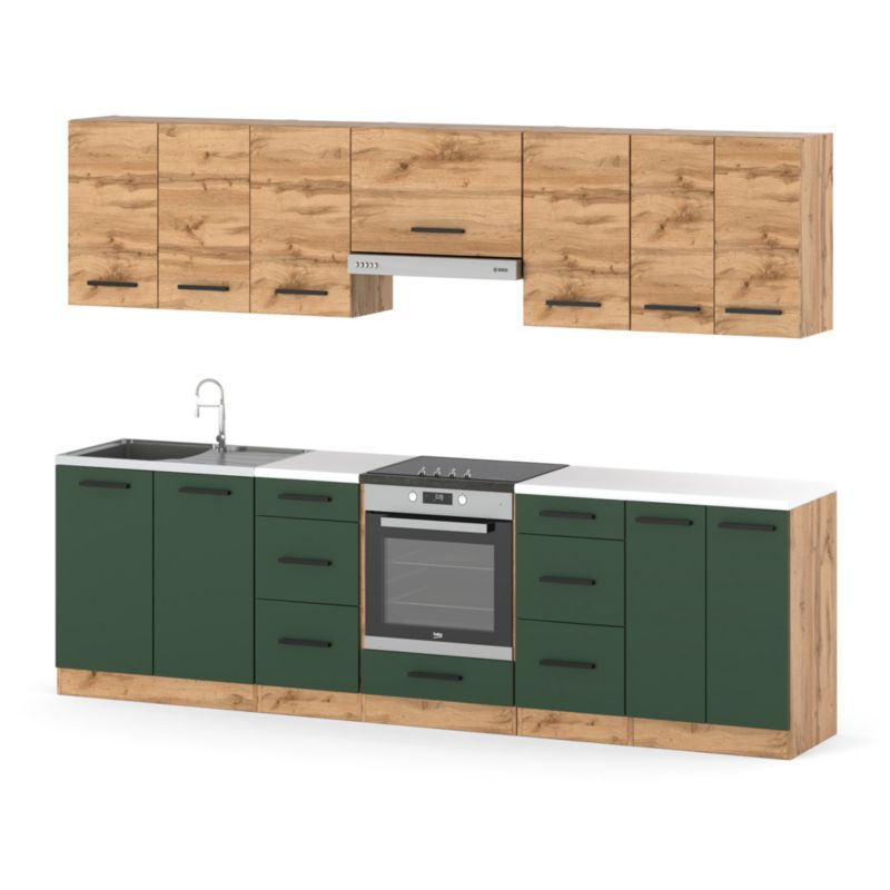 Zestaw Kuchenny Hurtownia-Mebli Z Blatem Kuchnia Roma 280cm Dąb Wotan Dąb Wotan/Butelkowa Zieleń 280x47x145 cm 1szt.