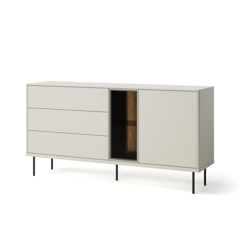 Komoda dwudrzwiowa Bettso Eliro szeroka z szufladami i przeszklonym frontem na czarnych nogach kaszmir 1szt.