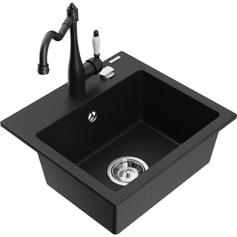 Zlewozmywak granitowy 1-komorowy Mexen Milo z baterią kuchenną Carla czarny - 6505-77-670700-50 1 szt.