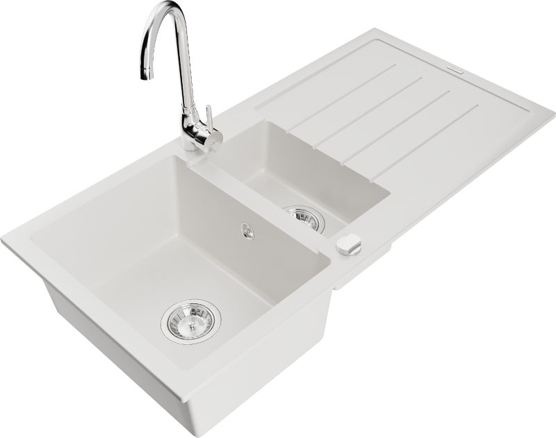 Zlewozmywak granitowy Mexen Andres 1,5-komorowy z ociekaczem i baterią kuchenną Telma biały 6515-20-670200-00