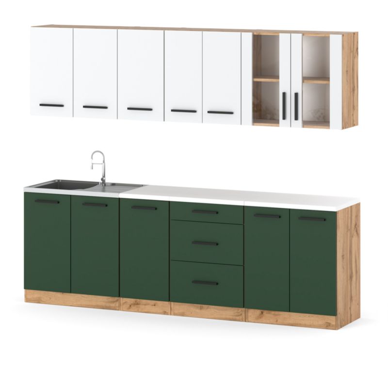 Zestaw Kuchenny Hurtownia-Mebli Z Blatem Kuchnia Remino 260cm Dąb Wotan Biały Mat/Butelkowa Zieleń 260x47x145 cm 1szt.