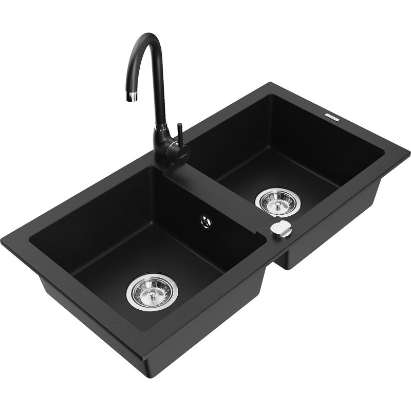 Zlewozmywak granitowy 2-komorowy Mexen Mario z baterią kuchenną Telma czarny - 6504-77-670200-50 1 szt.