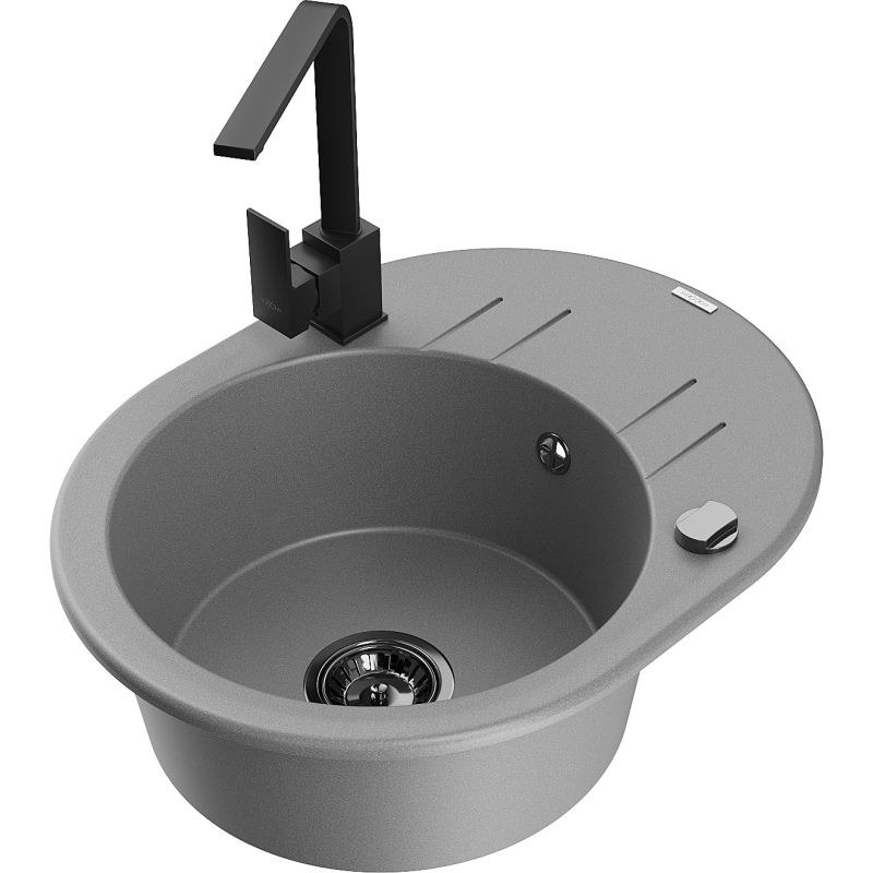 Zlewozmywak granitowy 1-komorowy Mexen Kevin z ociekaczem i baterią kuchenną Rita szary - 6517-71-670300-71 1 szt.