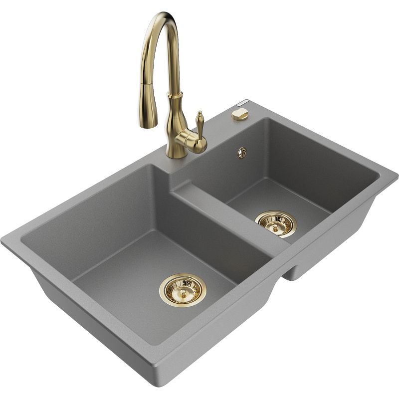 Zlewozmywak granitowy 2-komorowy Mexen Tomas z baterią kuchenną Telma beżowy - 6516-69-670200-70 1 szt.