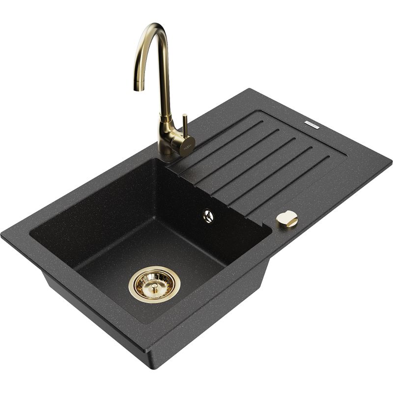 Zlewozmywak granitowy 1-komorowy Mexen Pablo z ociekaczem i baterią kuchenną Telma czarny/srebrny 6510-73-670200-50