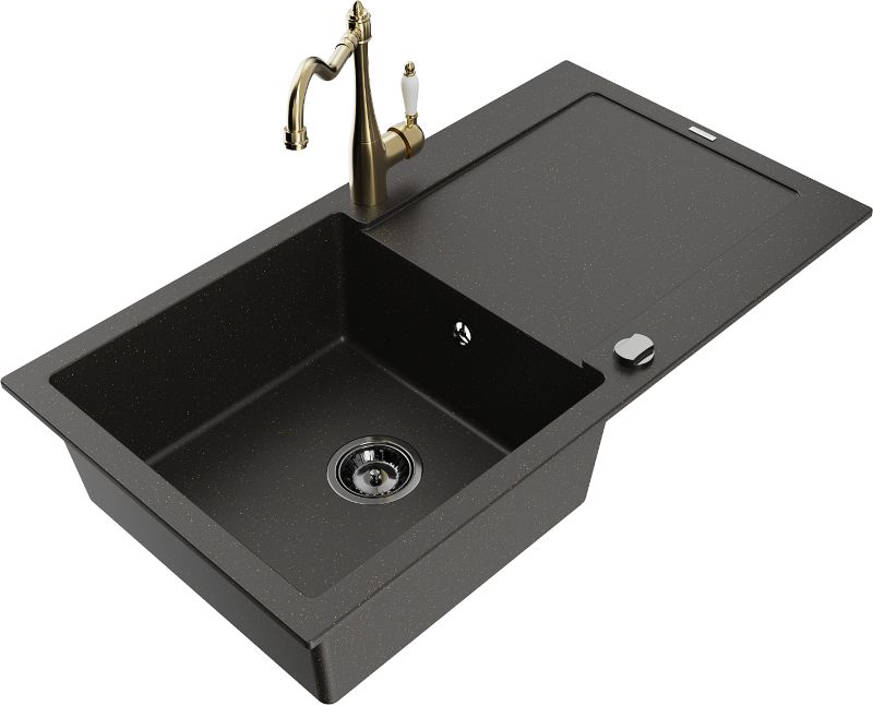 Zlewozmywak granitowy Mexen Leo 1-komorowy z ociekaczem i baterią kuchenną Carla czarny/złoty 6501-75-670700-50-B