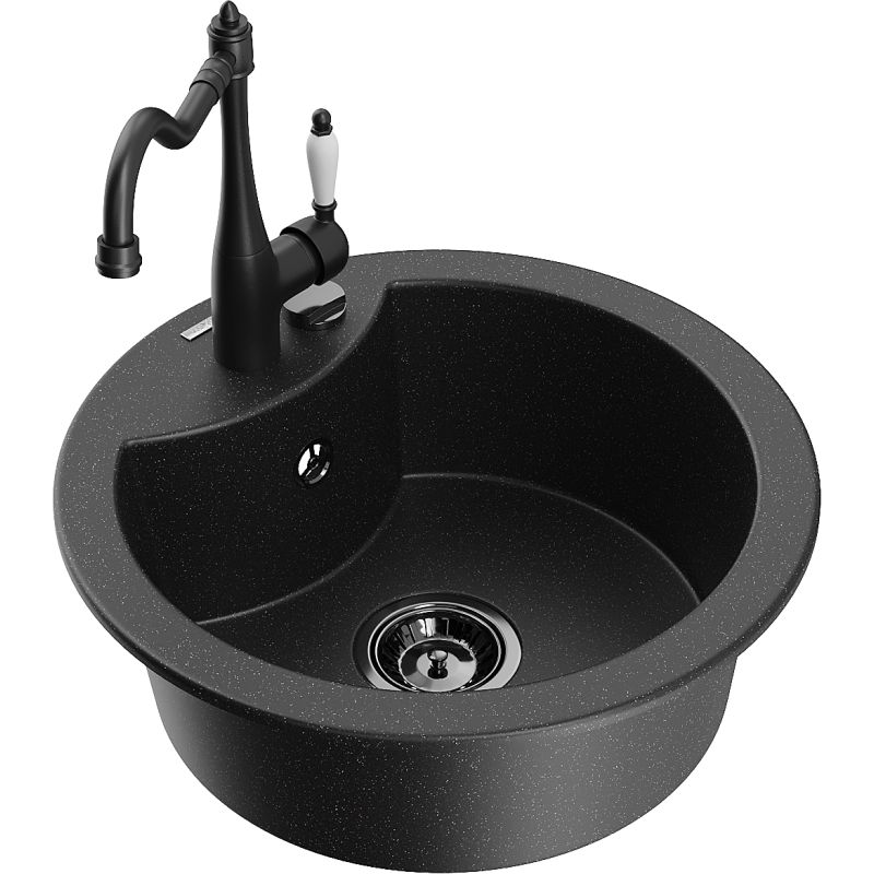 Zlewozmywak granitowy 1-komorowy Mexen Diego z baterią kuchenną Carla czarny/srebrny metalik 6512-73-670700-70-B