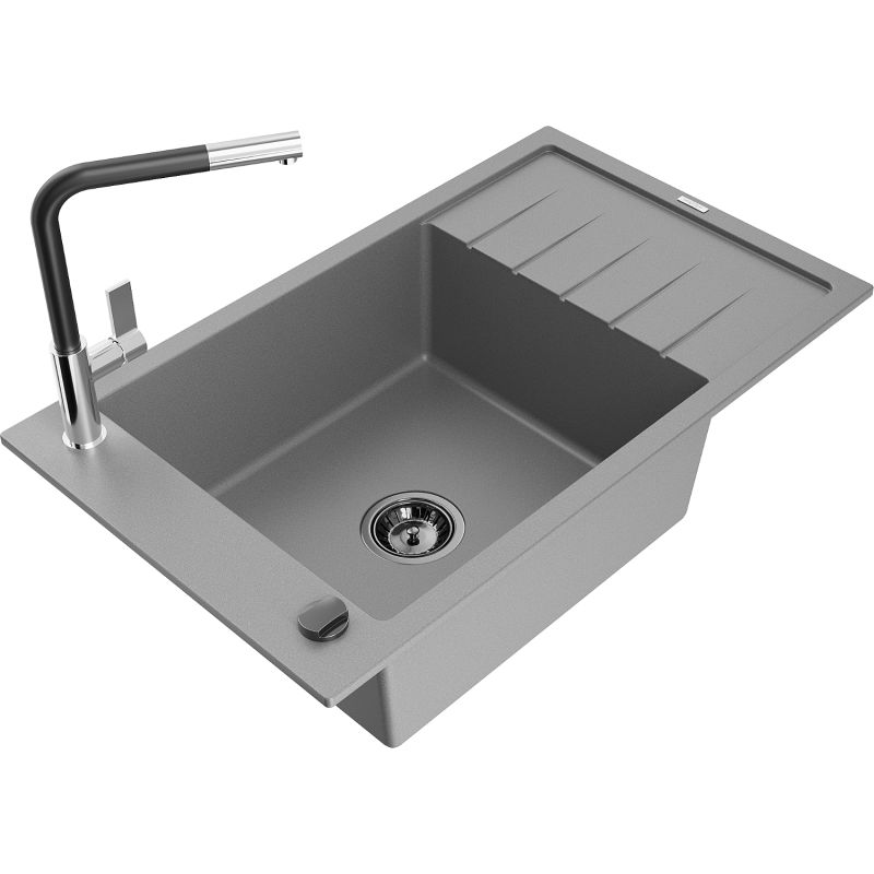 Zlewozmywak granitowy 1-komorowy Mexen Elias z ociekaczem i baterią kuchenną Flora szary 6511-71-670401-07-B