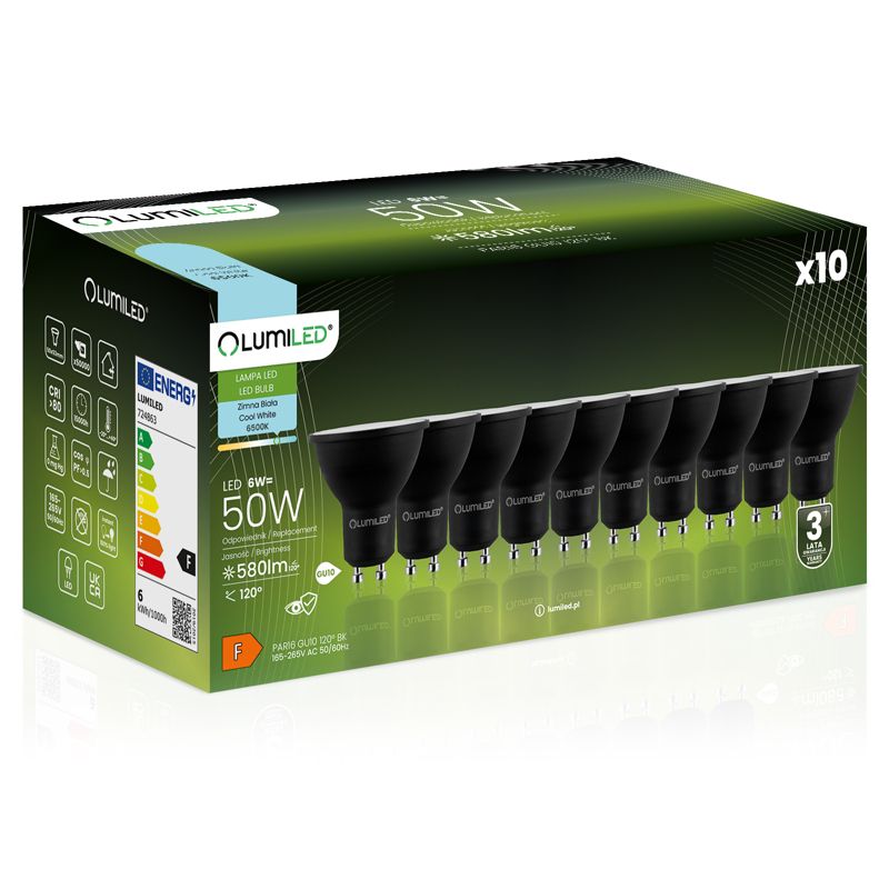 Żarówka LED LUMILED GU10 6W 580lm 6500K 120st Czarna 10 szt.