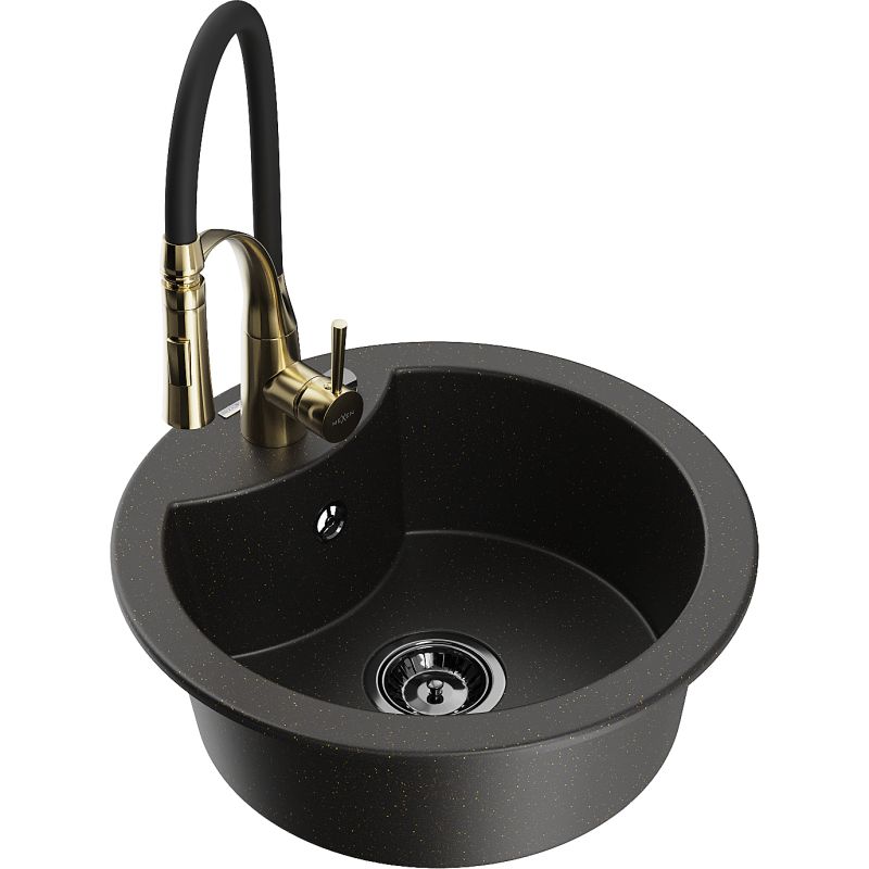 Zlewozmywak granitowy 1-komorowy Mexen Diego z baterią kuchenną Aster czarny/złoty metalik 6512-75-73450-57-B