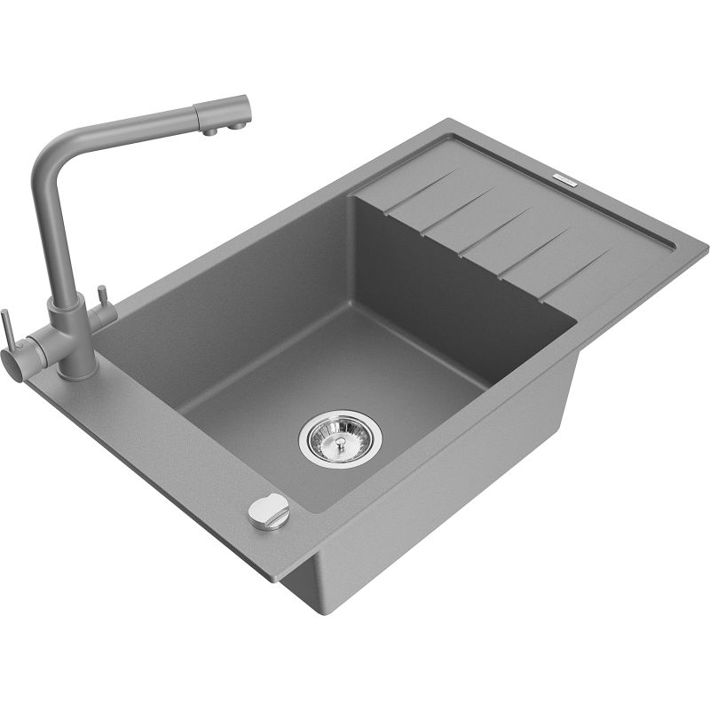 Zlewozmywak granitowy 1-komorowy Mexen Elias z ociekaczem i baterią kuchenną Duo beżowy - 6511-69-671701-70-B 1 szt.