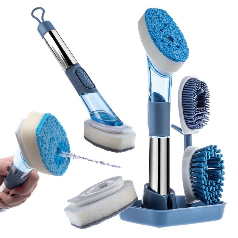 Zestaw Szczotek Do Naczyń KADAX Gąbka Dozownik Płynu Z Rączką i Podstawką Niebieski 5 szt.