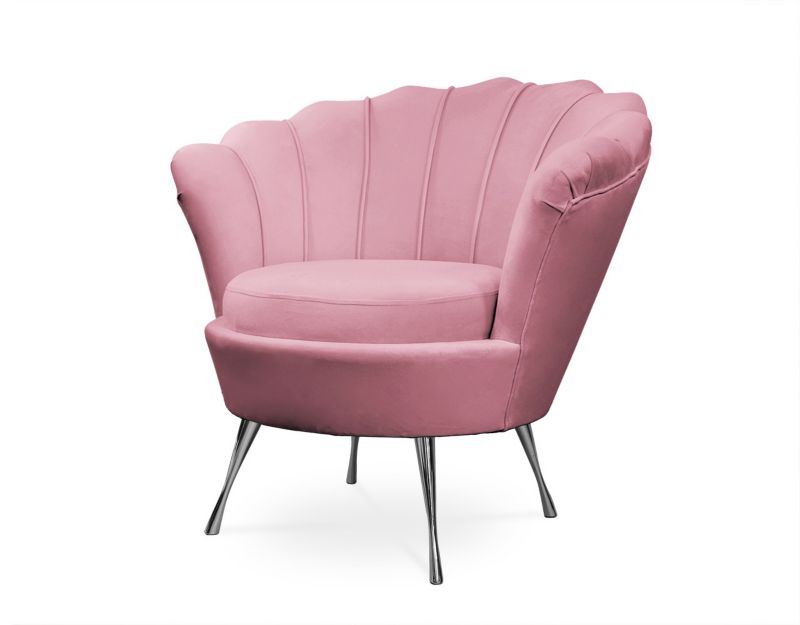 Fotel tapicerowany Bettso Muszelka na srebrnej nodze do salonu pudrowy róż 1szt.