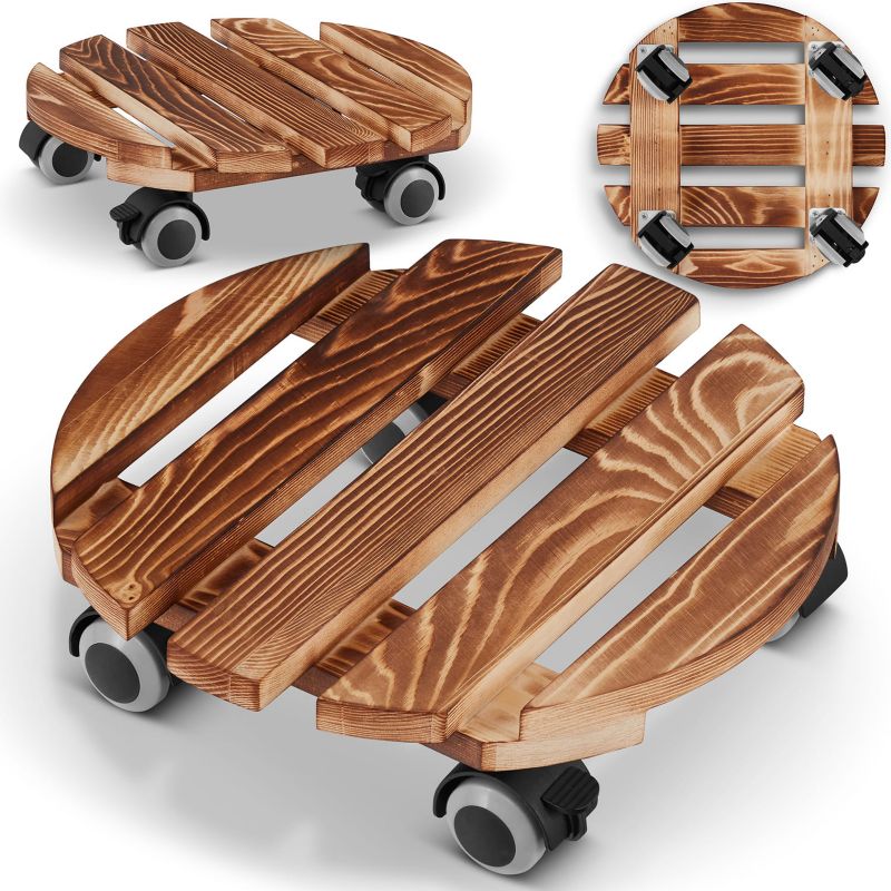 Podstawka drewniana okrągła pod donice doniczkę meble platforma z kółkami na kółkach bejcowana HIGHER 1 szt