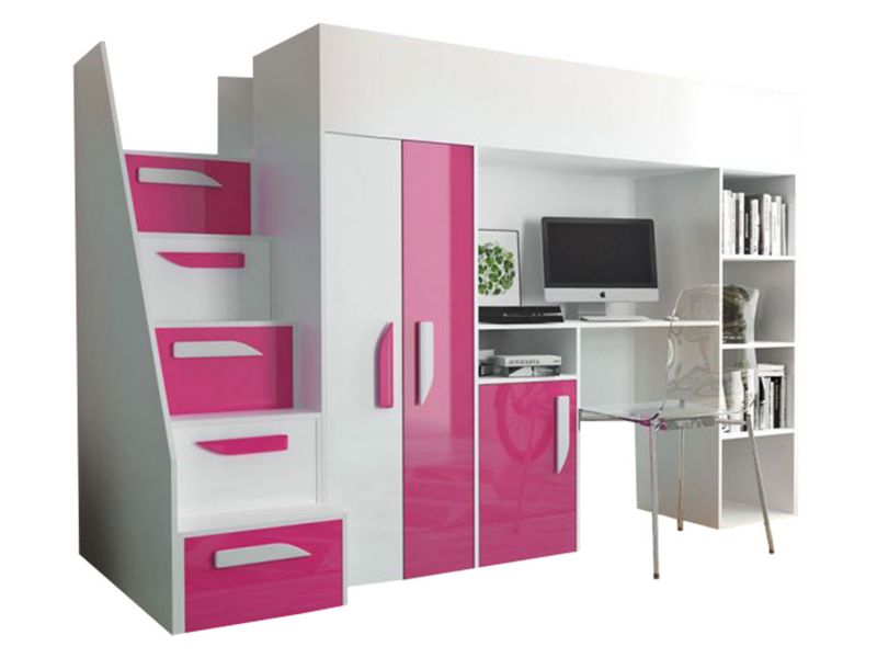 Łóżko piętrowe ze schodami MIRJAN 24 Party 14 biały połysk+różowy połysk 1 kpl.