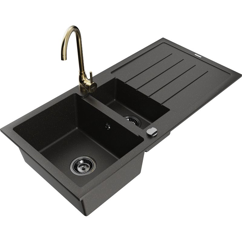 Zlewozmywak granitowy 1.5-komorowy Mexen Andres z ociekaczem i baterią kuchenną Telma czarny/złoty 6515-75-670200-50-B