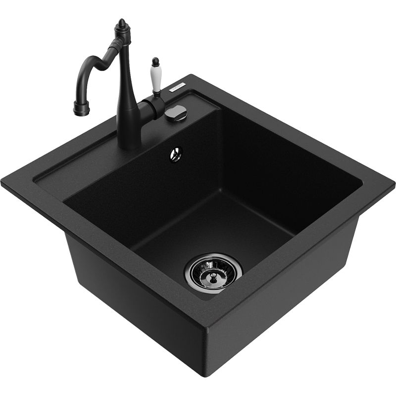 Zlewozmywak granitowy 1-komorowy Mexen Vito z baterią kuchenną Carla czarny 6503-77-670700-70-B