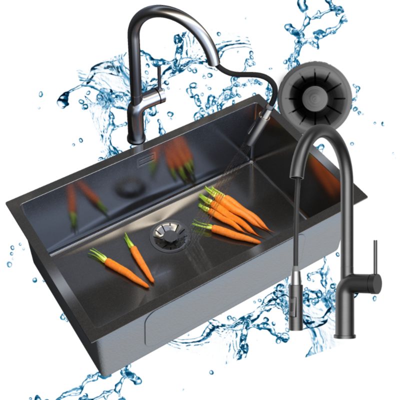 Zlewozmywak stalowy Jednokomorowy Granitan Silvo75 Kuchenny z syfonem i Baterią Oxi Czarny LUX 1kpl.