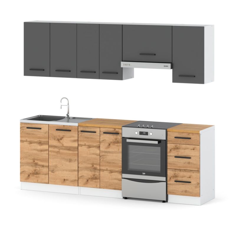 Zestaw Kuchenny Hurtownia-Mebli Z Blatem Kuchnia Mokka 240cm Biały Mat Szary Mat/Dąb Wotan 240x47x145 cm 1szt.