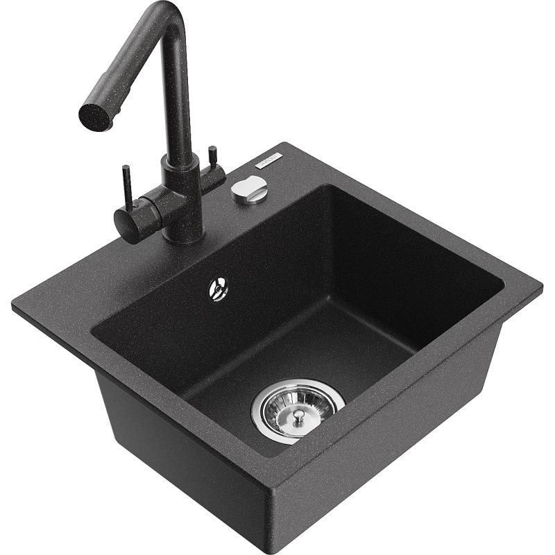Zlewozmywak granitowy 1-komorowy Mexen Milo z baterią kuchenną Duero czarny/srebrny metalik - 6505-73-671600-70 1 szt.