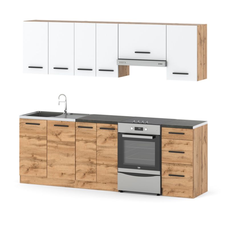 Zestaw Kuchenny Hurtownia-Mebli Z Blatem Kuchnia Mokka 240cm Dąb Wotan Biały Mat/Dąb Wotan 240x47x145 cm 1szt.