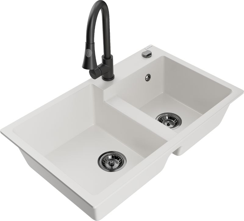Zlewozmywak granitowy Mexen Tomas 2-komorowy z baterią kuchenną Elia biały - 6516-20-670101-50 1 szt.