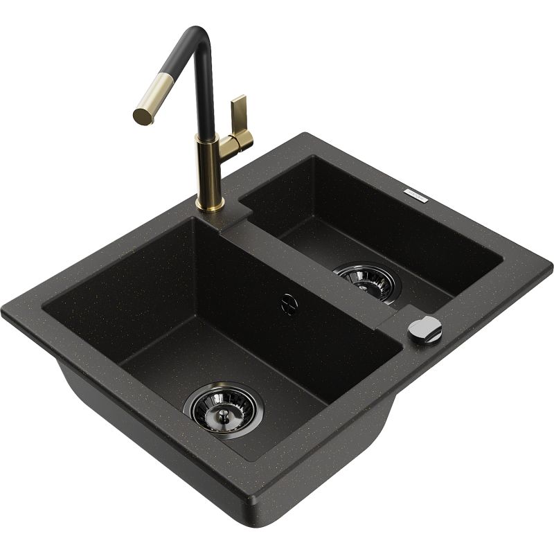 Zlewozmywak granitowy 1.5-komorowy Mexen Carlos z baterią kuchenną Flora czarny/złoty metalik 6518-75-670401-57-B