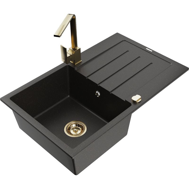 Zlewozmywak granitowy 1-komorowy Mexen Bruno z ociekaczem i baterią kuchenną Rita czarny/złoty metalik 6513-75-670300-50