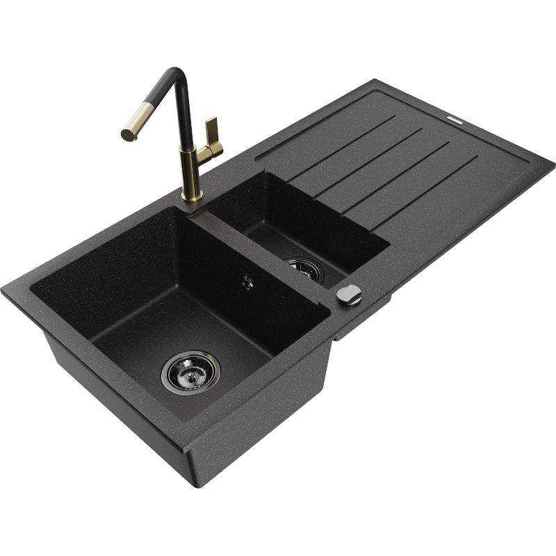 Zlewozmywak granitowy 1.5-komorowy Mexen Andres z ociekaczem i baterią kuchenną Flora czarny/srebrny 6515-73-670401-57-B