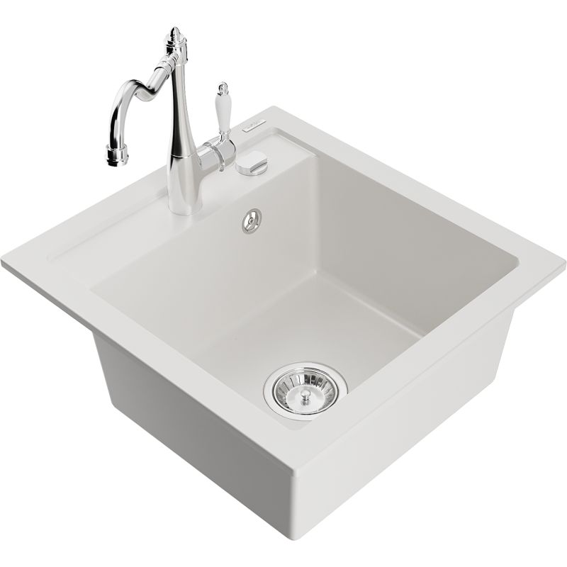 Zlewozmywak granitowy 1-komorowy Mexen Vito z baterią kuchenną Carla biały 6503-20-670700-00