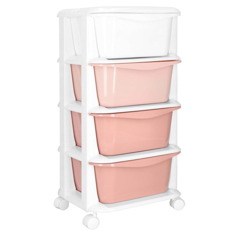 Mobilny organizer na zabawki z 4 pojemnikami Springos regał na kółkach pastelowy, różowo-biały 1 szt.