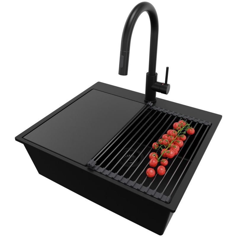 Zlewozmywak Granitowy Oslo PRIMAGRAN Nablatowy 58x50cm do szafki od 60cm z Syfonem i Baterią i Dodatkiem Cały Czarny 1 szt.