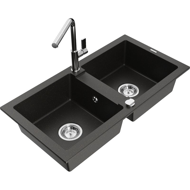 Zlewozmywak granitowy 2-komorowy Mexen Mario z baterią kuchenną Flora czarny/złoty metalik 6504-75-670401-00