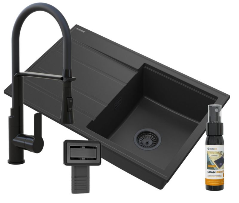 Zlewozmywak Granitowy Jednokomorowy Z Ociekaczem Timor Czarny Granitan Zestaw Kuchenny Zlew Bateria Vegas Czarny 1 szt.