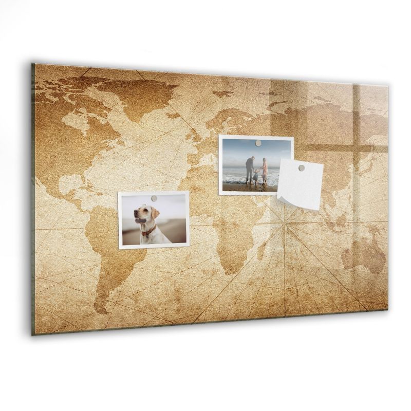 Szklana tablica magnetyczna Wallfluent 60x40 cm Mapa świata vintage Czarny marker 1 szt.