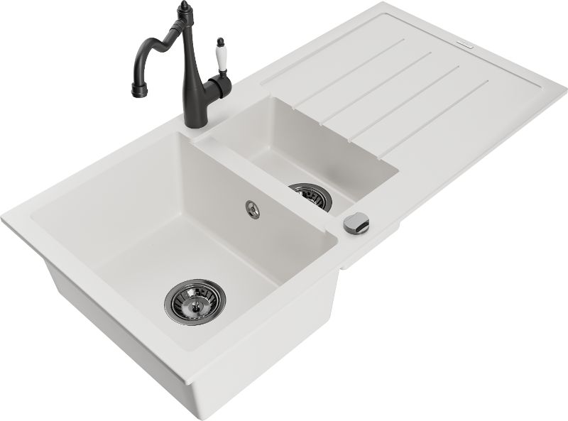 Zlewozmywak granitowy Mexen Andres 1,5-komorowy z ociekaczem i baterią kuchenną Duero beżowy - 6515-69-671600-70 1 szt.