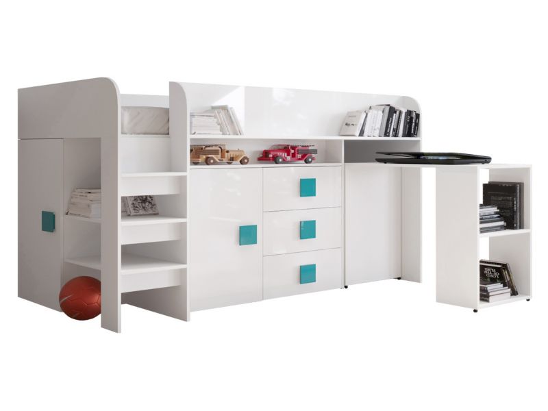 Łóżko piętrowe z biurkiem MIRJAN 24 Toledo 1 biały połysk + uchwyty turkusowe 1 kpl.