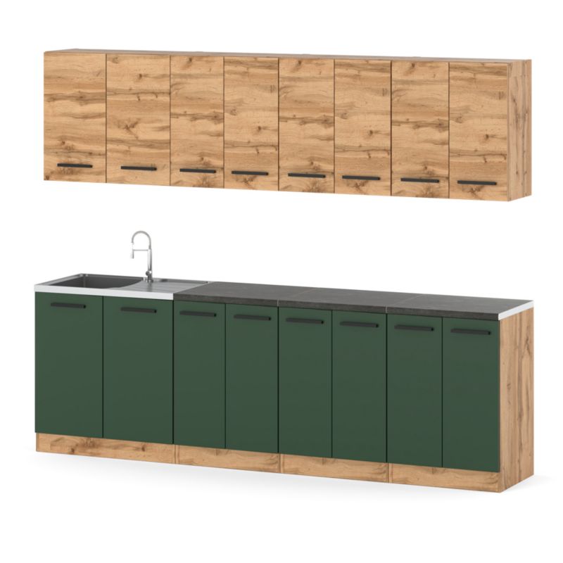 Zestaw Kuchenny Hurtownia-Mebli Z Blatem Kuchnia Vero 260cm Dąb Wotan Dąb Wotan/Butelkowa Zieleń 260x47x145 cm 1szt.