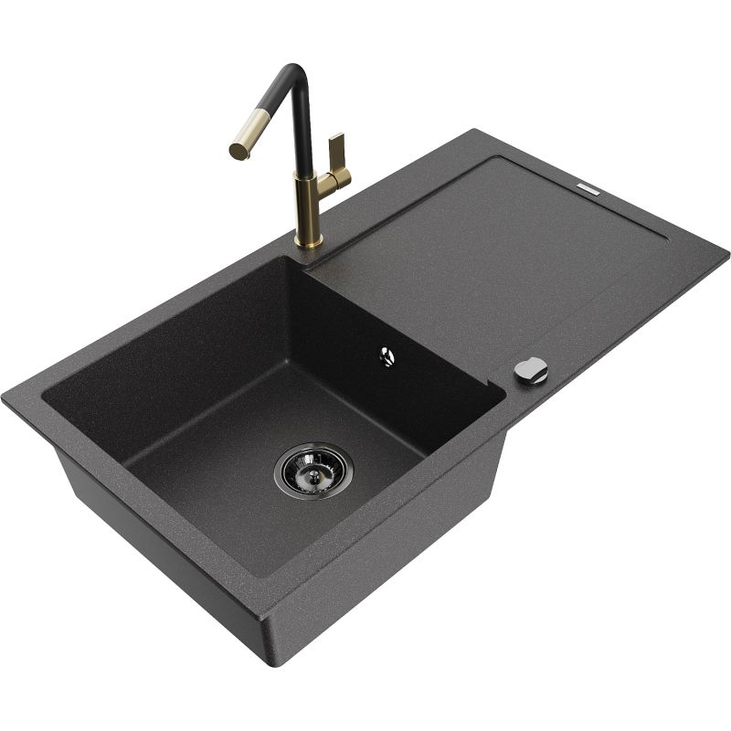 Zlewozmywak granitowy 1-komorowy Mexen Leo z ociekaczem i baterią kuchenną Flora czarny nakrapiany 6501-76-670401-57-B