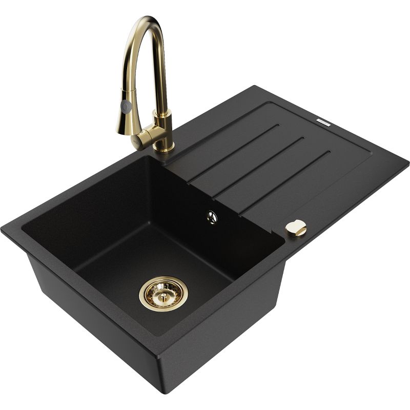 Zlewozmywak granitowy 1-komorowy Mexen Bruno z ociekaczem i baterią kuchenną Elia czarny 6513-77-670101-50