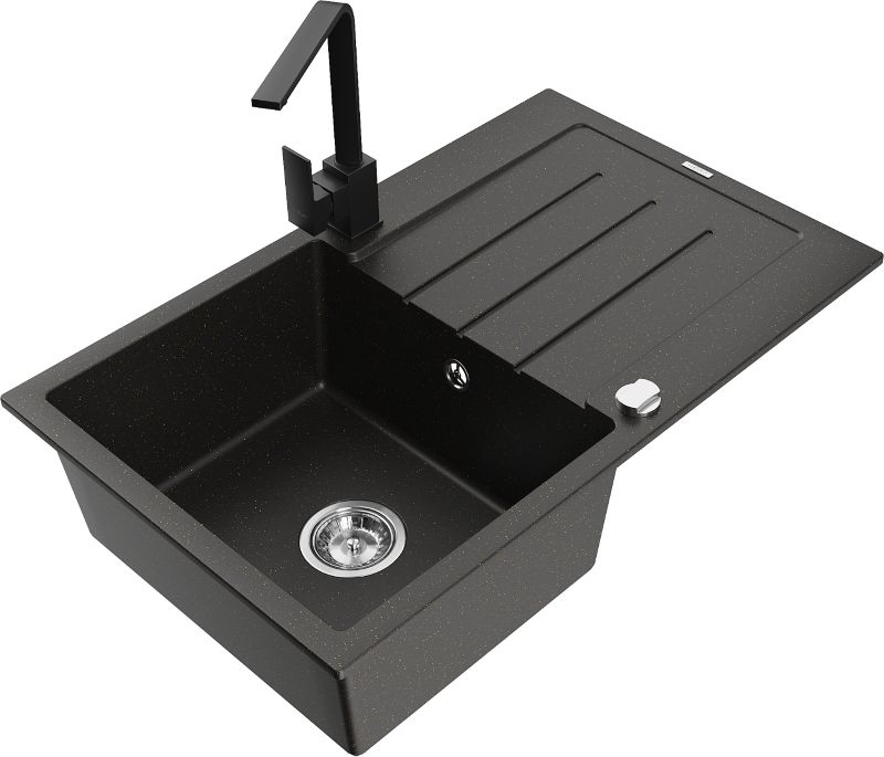 Zlewozmywak granitowy Mexen Bruno 1-komorowy z ociekaczem i baterią kuchenną Rita szary - 6513-71-670300-70 1 szt.