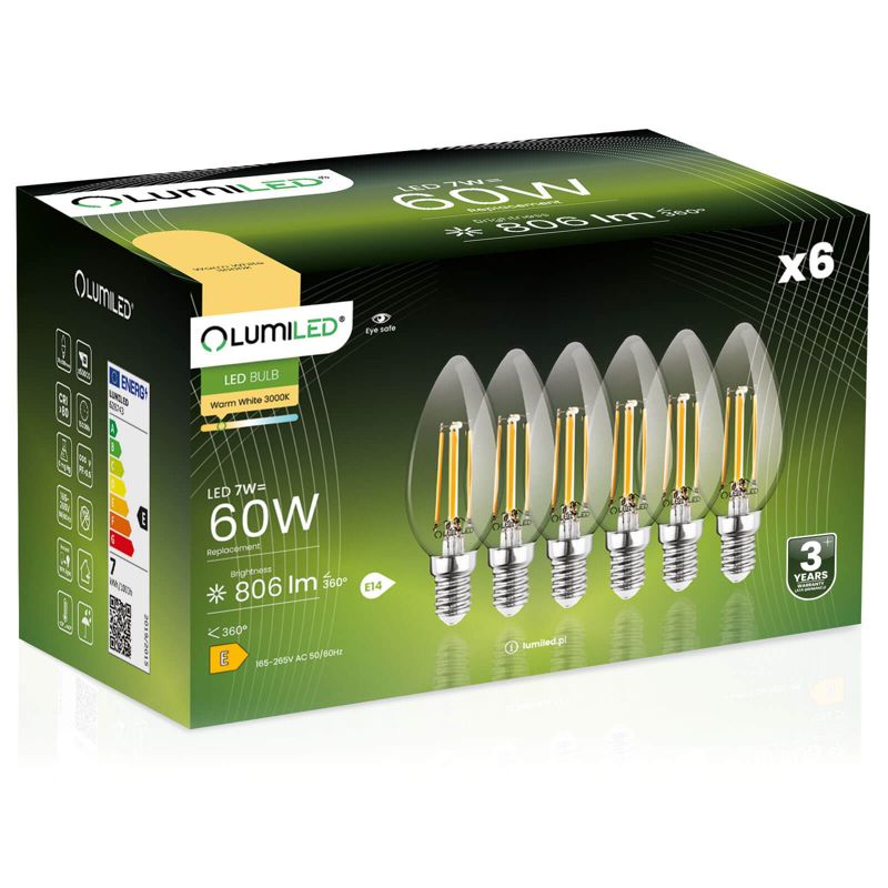 Żarówka LED LUMILED E14 B35 7W 806lm 3000K 360st FILAMENT 6 szt.