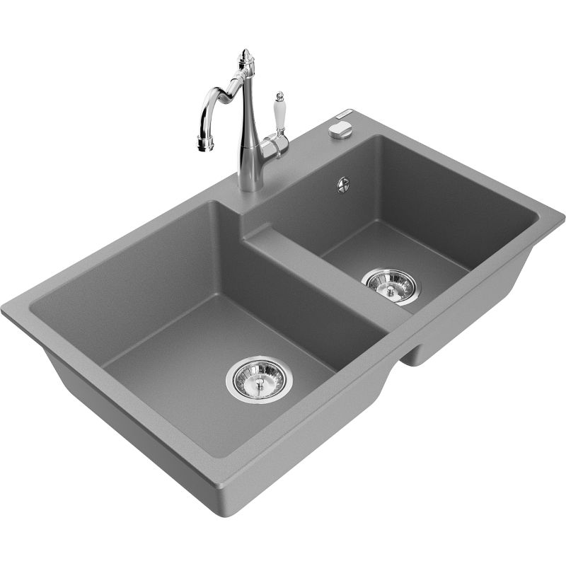 Zlewozmywak granitowy 2-komorowy Mexen Tomas z baterią kuchenną Carla szary - 6516-71-670700-71 1 szt.