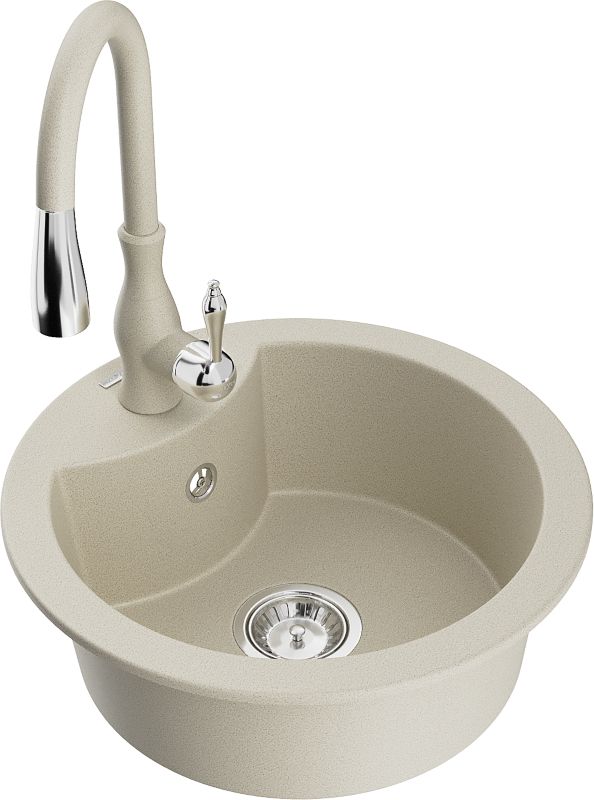 Zlewozmywak granitowy Mexen Diego 1-komorowy z baterią kuchenną Savita beżowy 6512-69-672601-69