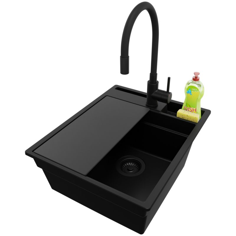 Zlewozmywak Granitowy Oslo Pocket PRIMAGRAN Nablatowy 43x53cm do szafki od 45cm z Syfonem i Baterią i Dodatkiem Cały Czarny 1 szt.