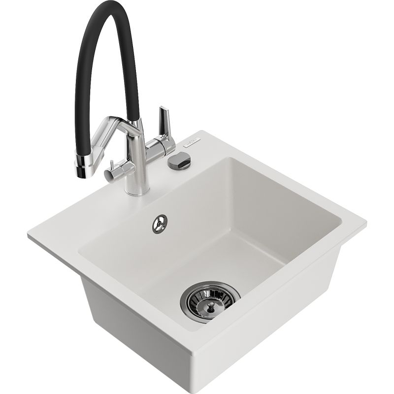 Zlewozmywak granitowy 1-komorowy Mexen Milo z baterią kuchenną Duo biały 6505-20-671701-07-B