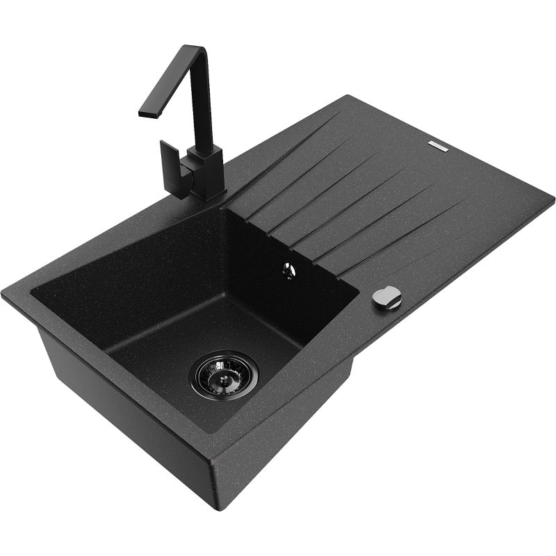 Zlewozmywak granitowy 1-komorowy Mexen Cesar z ociekaczem i baterią Rita czarny/srebrny metalik - 6514-73-670300-70 1 szt.