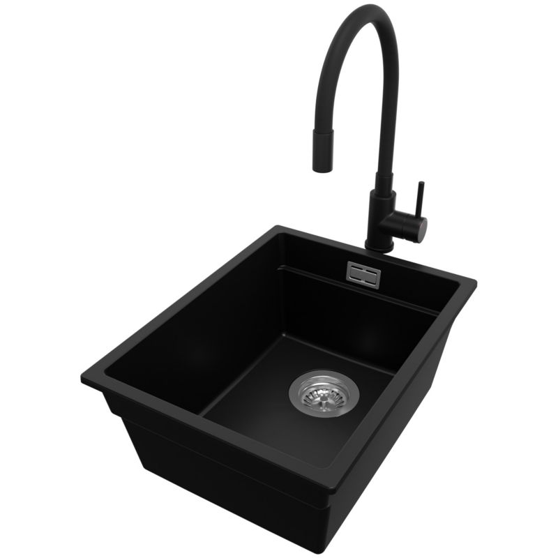Zlewozmywak Granitowy Praga Slim PRIMAGRAN Nablatowy 36x47cm do szafki od 40cm z Syfonem i Baterią Czarny 1 szt.