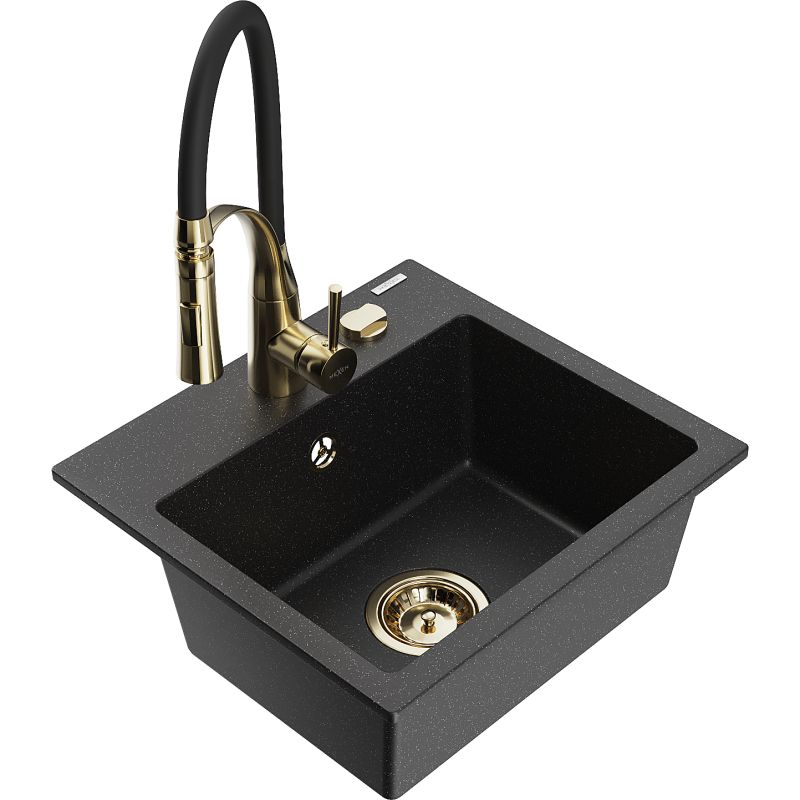 Zlewozmywak granitowy 1-komorowy Mexen Milo z baterią kuchenną Aster czarny/srebrny metalik 6505-73-73450-57-G